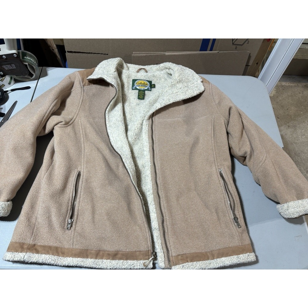 Cabelas Jacket Womens XL Patches Tan Full Zip Coat‎ Sherpa Lined